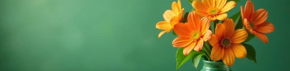 Fototapeta premium Handmade flower bouquet with orange petals and green leaves in a vase, flowers, vase, green