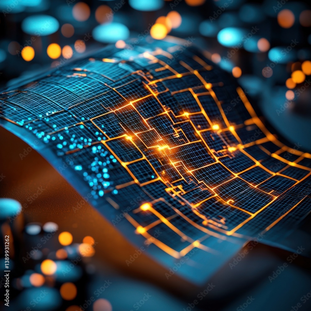 Poster microscopic view of a flexible circuit board illuminated with ultraviolet light revealing intricate 
