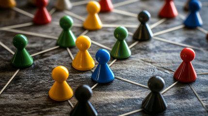 Colorful pawns connected, symbolizing network, teamwork, and community concepts and strategies.