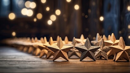 Close-up of wooden star-shaped figures aligned diagonally on a textured wooden surface.