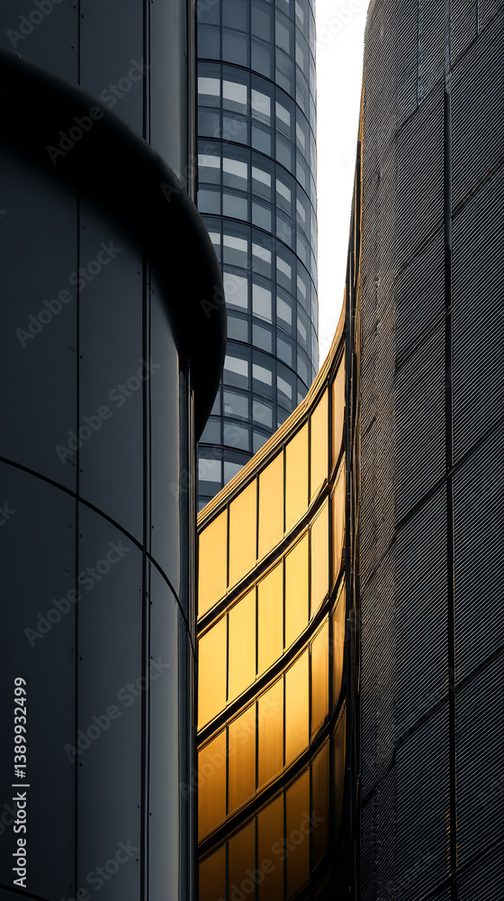 Poster abstract image of three modern buildings with contrasting colors: dark gray, gold, and black archite