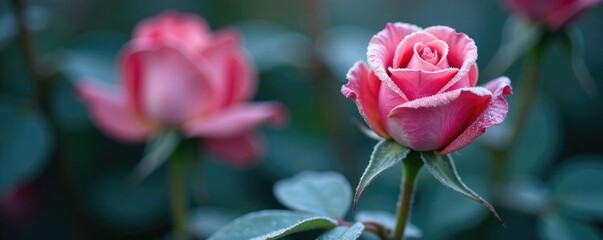 Obraz premium Horizontal shot of a single pink rose bud with frost covering the petals and stem, blossom, delicate