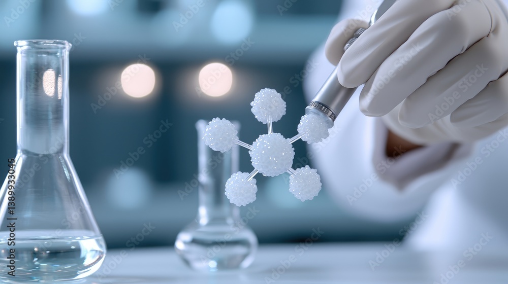 Aufkleber molecular structure manipulation in a laboratory setting. a gloved hand holds a device, manipulating