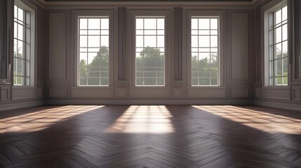 Sunlit Empty Room with Herringbone Floor and Large Windows