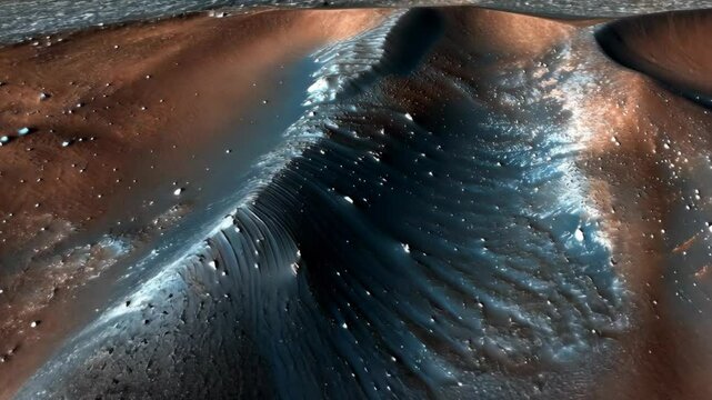 Detailed view of Martian surface featuring unique landforms and textures under sunlight with shadows