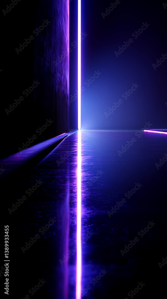 Poster dark background with a bright purple neon light beam reflecting on a glossy surface, creating a futu