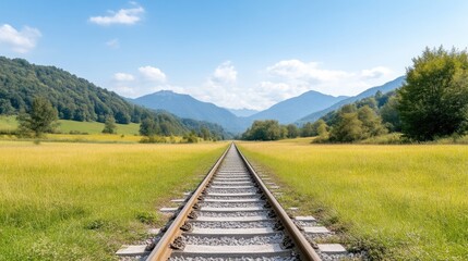 Fototapeta premium Tranquil railway track through a golden field, stretching to a mountain range under a clear sky