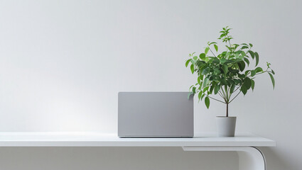 A minimalist workspace with a sleek desk, a laptop, and a simple plant, white background