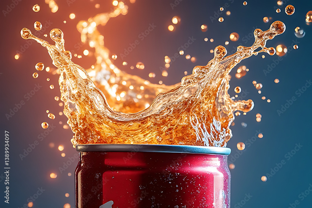 Poster dynamic splash of soda in can studio setting high-speed photography close-up view refreshment