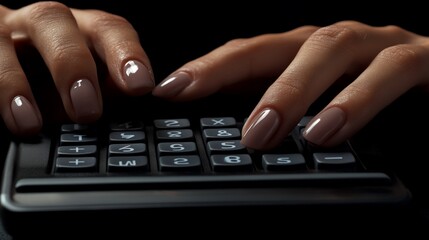 Elegant hands using a calculator, financial calculation under dark background