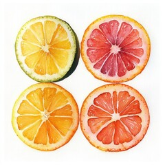 Fototapeta premium Summer Tropical Fruits Grapefruit Orange Watercolor Illustration