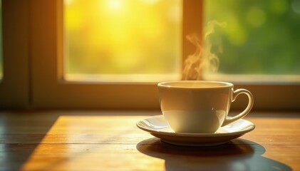 Light falls on a cup in the morning with soft gentle rays, gentle light, illumination, peaceful