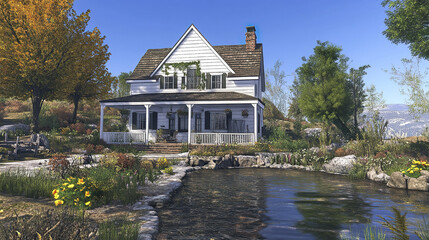 Obraz premium Charming farmhouse with pond and autumn trees in serene landscape