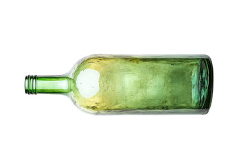 An empty green glass bottle aged and weathered rests on a stark white background Clean simple lines