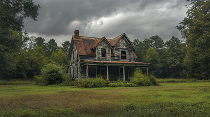 Obraz premium weathered farmhouse stands amidst lush greenery under cloudy sky