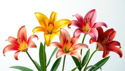 Fototapeta premium Lilies in different colors against a white background, flower power, hued, floral