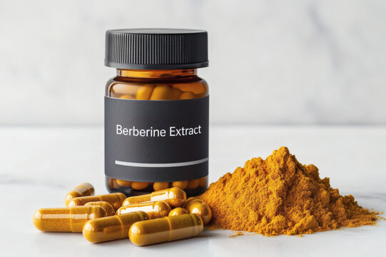 Berberine extract dietary supplement bottle with capsules, and a ground yellow herbal powder. Alternative medicine, herbal treatment concepts