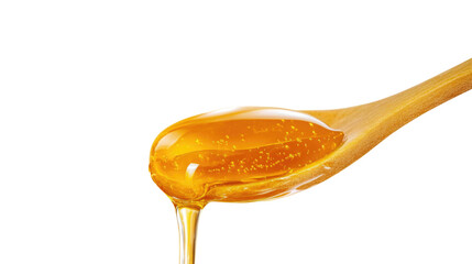 A wooden spoon holds a generous amount of golden honey, with the sweet liquid dripping slowly. The image captures the smoothness, color, and glossiness of fresh honey