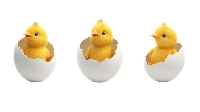 Three adorable baby chicks are emerging from cracked white eggs, showcasing their vibrant yellow feathers. This cheerful display embodies the theme of new life, perfect for spring celebrations