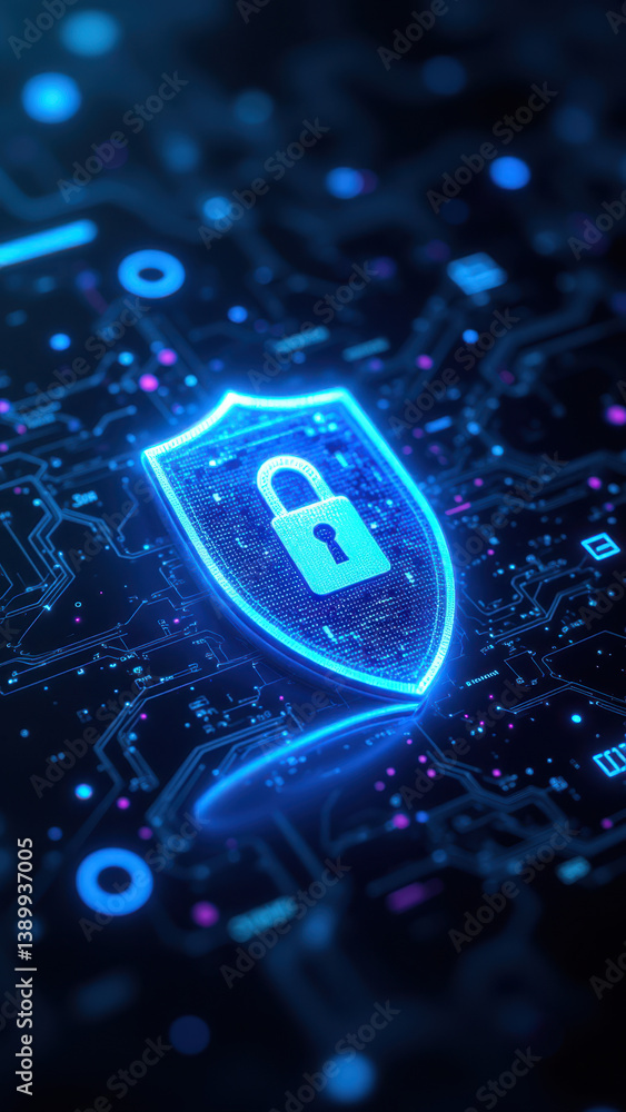 Poster cybersecurity icon featuring a shield-shaped lock and digital circuitry background.