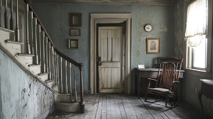 rustic, abandoned farmhouse interior with wooden staircase