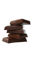 Five chocolate bars are stacked in a neat formation on a plain white background. Each bar has a distinct shade of dark chocolate, highlighting their textures and shapes