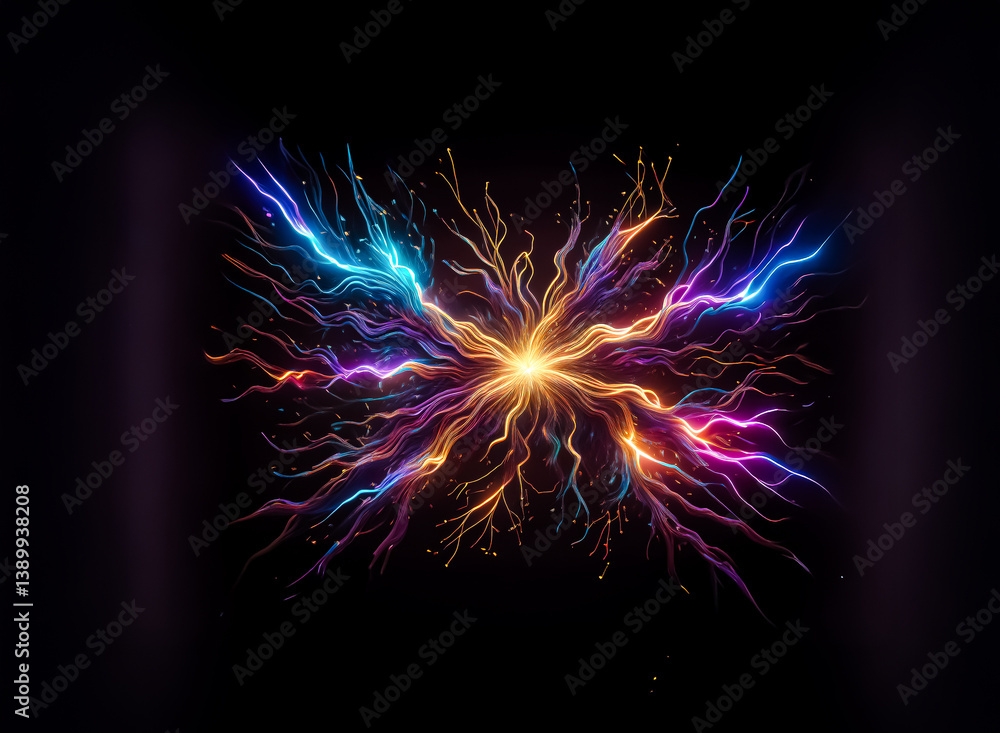 Fototapete an abstract illustration showcasing a vibrant energy burst with electric colors on a black backgroun