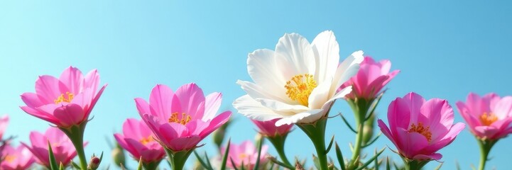 Fototapeta premium Pink and white flowers of the Yimno cactus blooming against a clear blue sky, white, blue sky