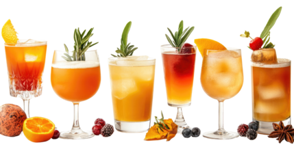 This collection showcases an array of vibrant cocktails, each elegantly garnished with fresh herbs and fruits. The drinks are presented in diverse glassware, highlighting a festive atmosphere