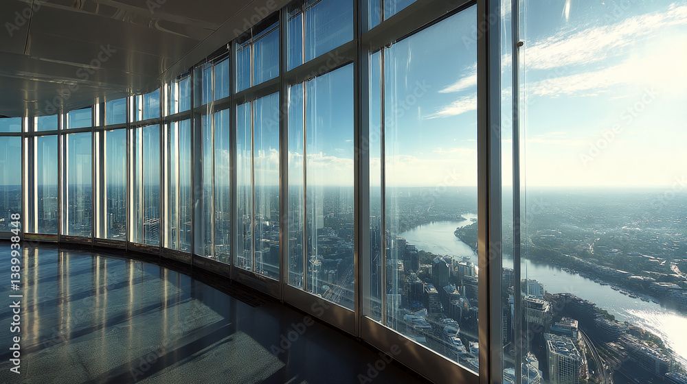 Poster high-angle view of city panorama through large glass windows, showcasing modern architecture and a r