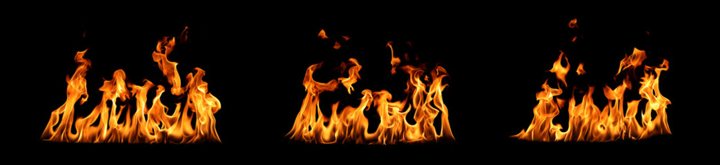 Fototapeta premium Abstract flames collection isolated on black background. Burning effect. Flames in the night sky.