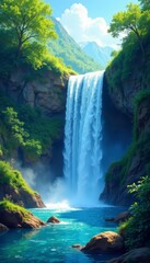 Fototapeta premium Variety of waterfall clip art elements in different styles and sizes, illustration, graphic