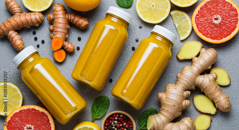 Aufkleber juice bottles with fresh juice surrounded by ginger turmeric grapefruit lemon and spinach create a v