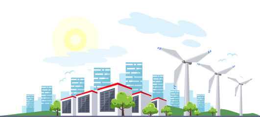 Obraz premium Clean electric energy concept. Renewable electricity resource from solar panels and wind turbines. Ecological change of the future. City skyline and nature landscape on background