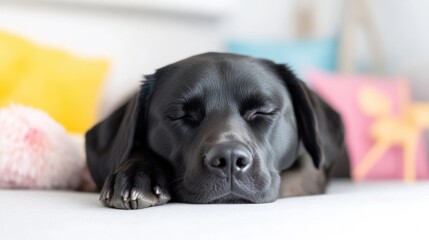 Sleepy black lab resting on a soft surface