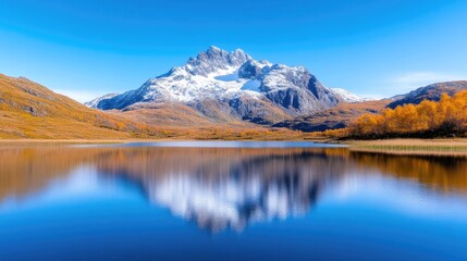 Serene mountain lake reflecting autumn peaks