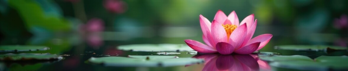 Fototapeta premium Pink lotus blooms in a shallow pool of calm water, pool scene, lotus bloom