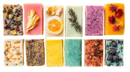 A display of twelve unique handcrafted soaps arranged in two rows. Each soap is infused with natural elements such as flowers, fruits, and herbs, showcasing bright colors and textures
