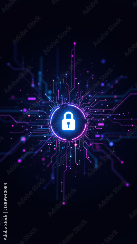 Poster cybersecurity lock icon with digital network connections.