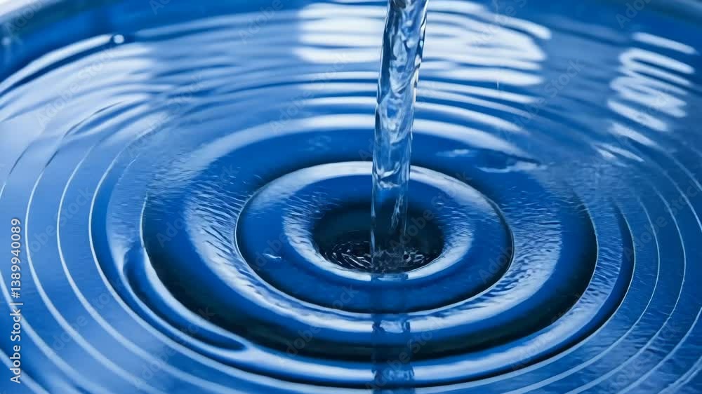 Poster water flowing into blue basin creates mesmerizing ripples and circular patterns during daylight