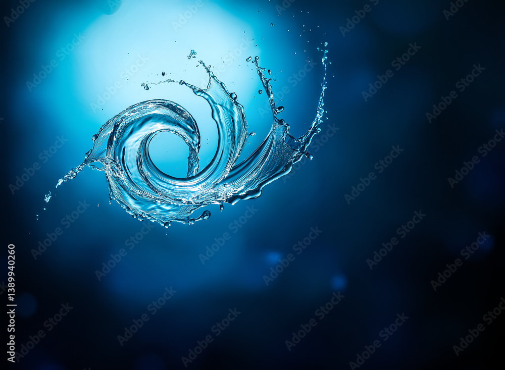 Fototapete a dynamic splash of water forms a swirling vortex against a deep blue backdrop. the liquid is frozen