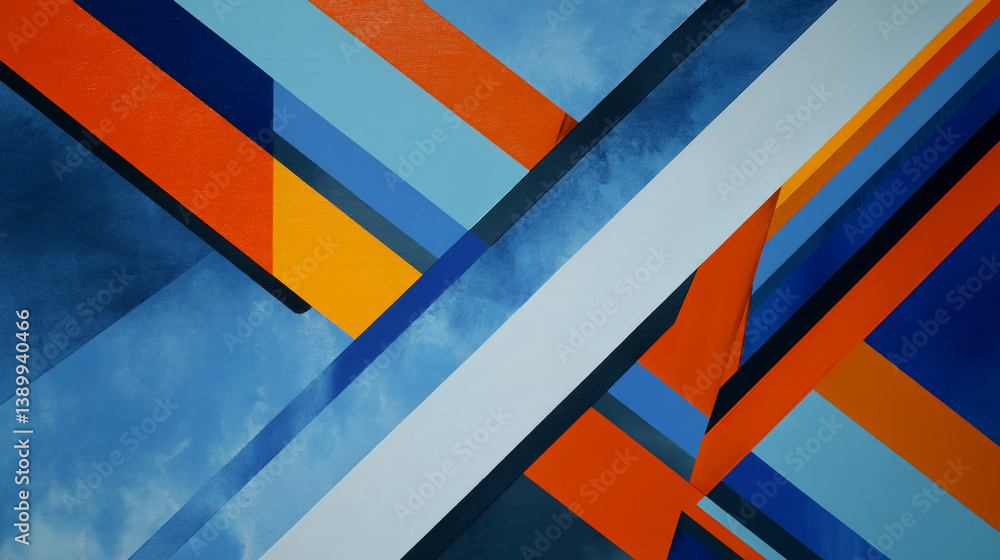 Poster Abstract artwork featuring intersecting orange, blue, and white stripes creating a dynamic geometric pattern, showcasing vibrant color contrasts and sharp lines, symbolic of modern design and energy