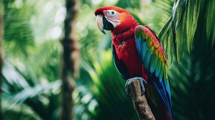 Vibrant parrot observing tropical rainforest nature photography lush green environment close-up view