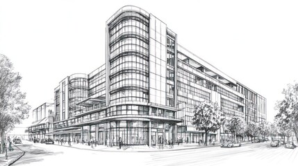 Fototapeta premium Architectural sketch of modern building, urban setting, possible use design inspiration