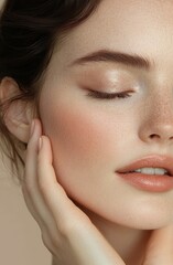 Obraz premium Natural Woman's Beauty Face with Flawless Glowing Skin and Nude Makeup for Skincare and Wellness Elegance