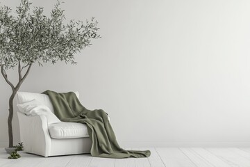 Minimalist white living room with olive tree and armchair