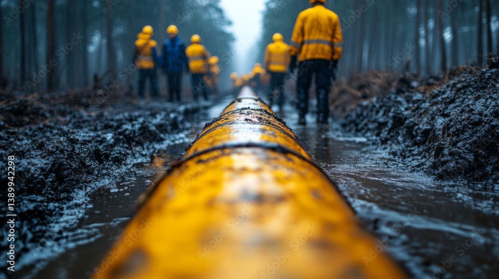 Aufkleber Workers clad in yellow gear are installing a large yellow pipeline in muddy terrain, showcasing the complexity of infrastructure projects in challenging weather.