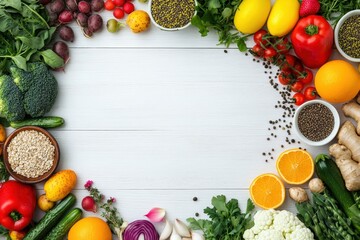 Vibrant Fresh Vegetables and Fruits in Bright Colors on a Wooden Background