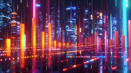 D stock market graph with rising bars, dark city skyline, and neon lights in the backdrop