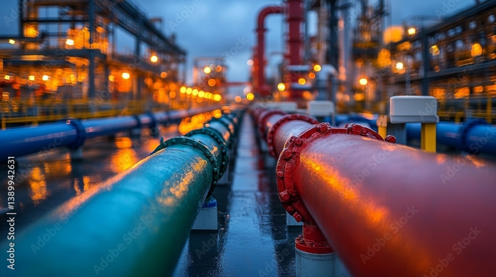 Poster colorful pipelines extend across the refinery site, transporting petroleum. evening lights illuminat